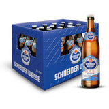 Blauer Kasten von Schneider Weisse Weißbier Alkoholfrei TAP3, 20x 0,5L (MEHRWEG), alkoholfreies Weißbier Flaschen, mit einer Flasche vorne abgebildet.