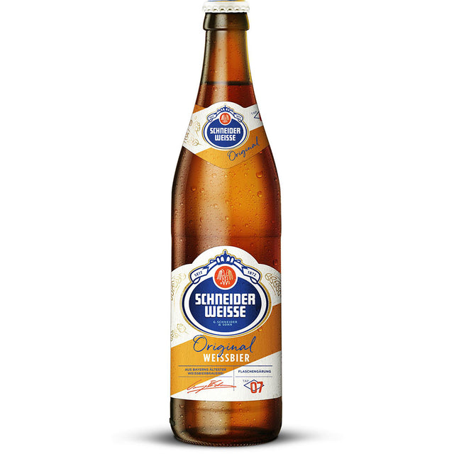 Eine 0,5-Liter-Braunglasflasche Schneider Weisse Original Weißbier TAP7 mit blau-weißem Etikett - das klassische bayerische Weißbier im wiederverwendbaren 20er-Pack.