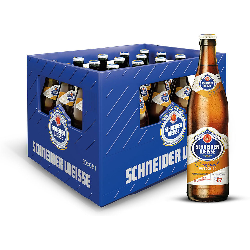 Ein Kasten Schneider Weisse Original Weißbier TAP7 20x 0,5L (MEHRWEG) Flaschen mit einer vorgesetzten Flasche, die das echte bayerische Weißbier von Schneider Weisse hervorhebt.