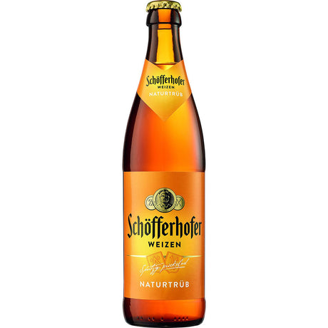 Eine Braunglasflasche Schöfferhofer Weizen Hefe Hell (20x 0,5L Mehrweg) mit orangem Etikett.