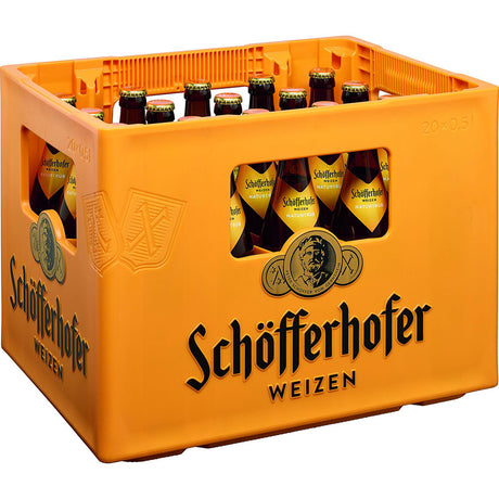 Orangefarbene Kiste mit 20 Flaschen (je 0,5 l) Schöfferhofer Hefe Hell (Mehrweg), mit sichtbaren Schöfferhofer Weizen-Etiketten und Logo an der Seite.