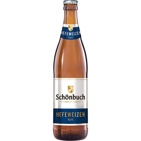 Eine Schönbuch Bräu Hefe Hell 0,5L Flasche im 20er-Pack (MEHRWEG) mit blau-weißem Etikett auf klarem Glas unterstreicht dieses erfrischende Weißbier der Marke Schönbuch Bräu.