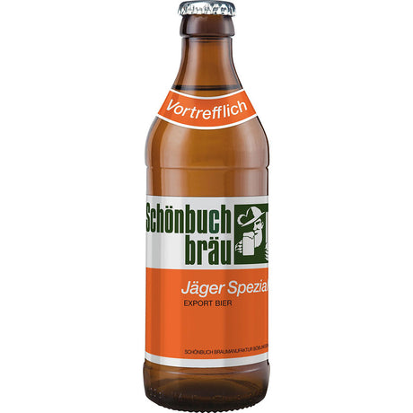 Eine 0,33-Liter-Flasche Schönbuch Bräu Jäger Spezial (MEHRWEG), Teil eines 20er-Packs, aus Böblingen, mit einem orange-weißen Etikett.