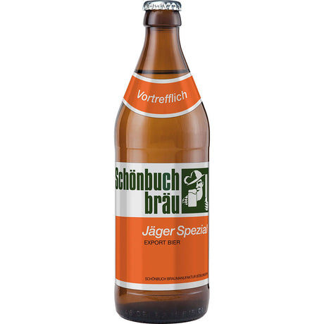 Eine braune Flasche Schönbuch Bräu Jäger Spezial 20x 0,5 Liter (MEHRWEG) mit einem orange-weißen Etikett.
