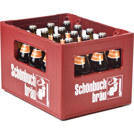 Ein roter Kasten mit der Aufschrift "Schönbuch Bräu" enthält 20 Braunglasflaschen (0,5 l MEHRWEG) von Jäger Spezial, einem Bierklassiker der Marke Schönbuch Bräu.