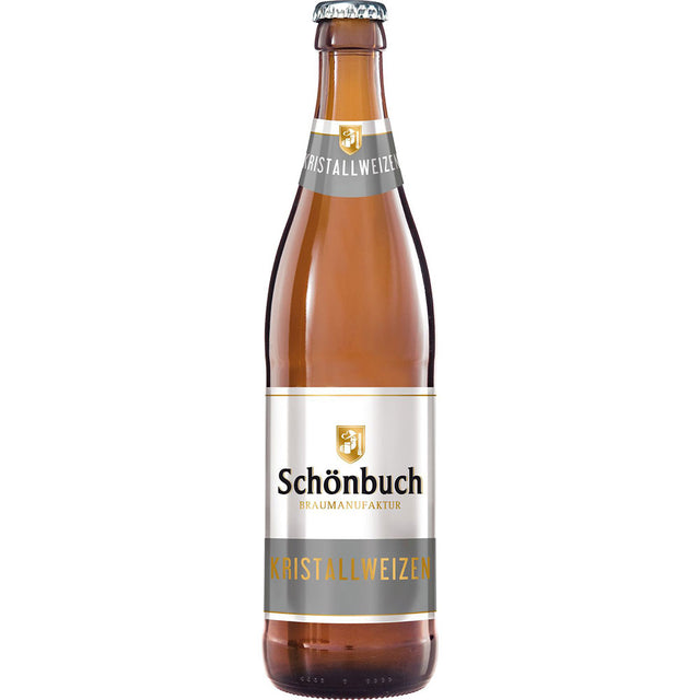 Eine Kiste Schönbuch Bräu Kristall 20x 0,5L (MEHRWEG) von Schönbuch Bräu mit erfrischendem Kristallweizenbier mit weiß-goldenem Etikett, abgebildet auf einem schlichten weißen Hintergrund.