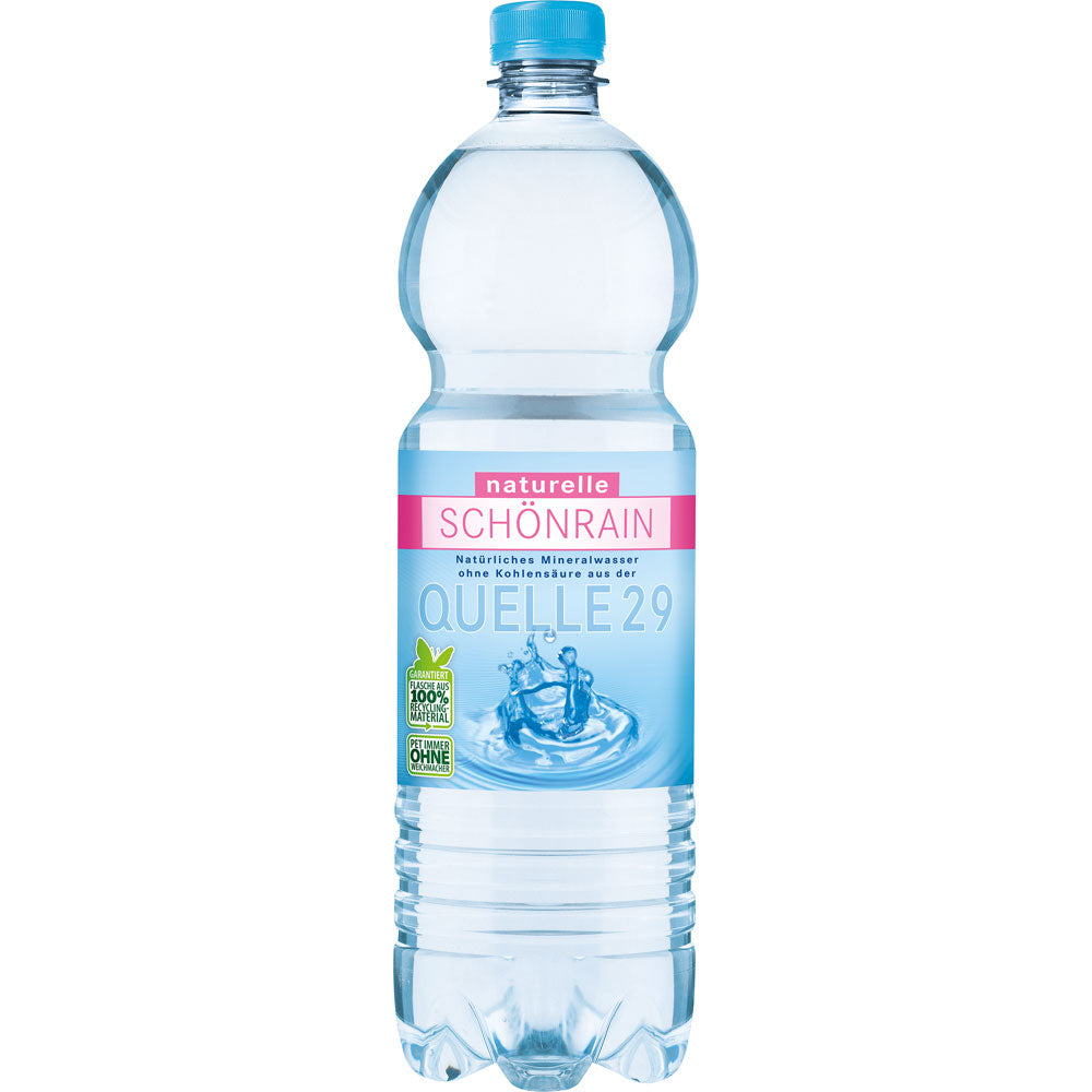 1-Liter-PET-Flasche des Mineralwassers Schönrain Quelle Naturelle mit blauem Verschluss und Etikett.