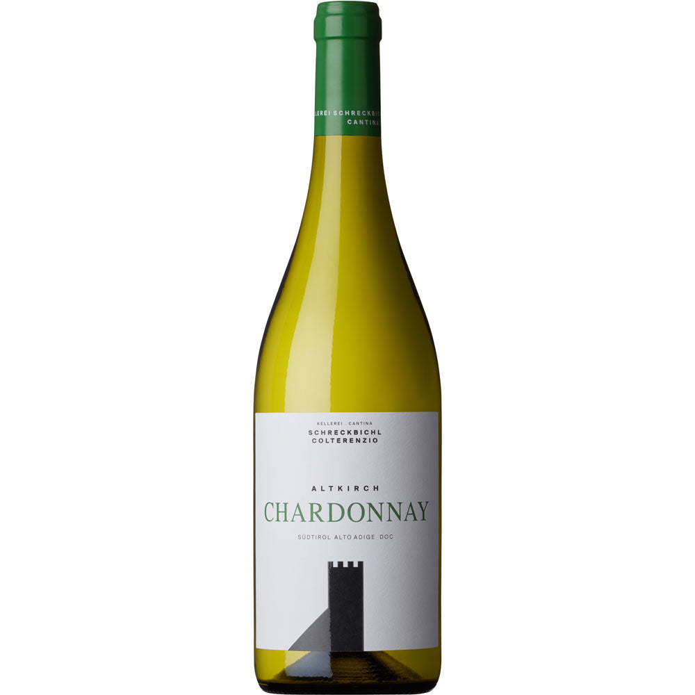 Flasche Schreckbichl Colterenzio Altkirch Chardonnay Alto Adige DOC 2025 aus Italien mit grünem Verschluss und einem Etikett mit einer Schlossillustration.