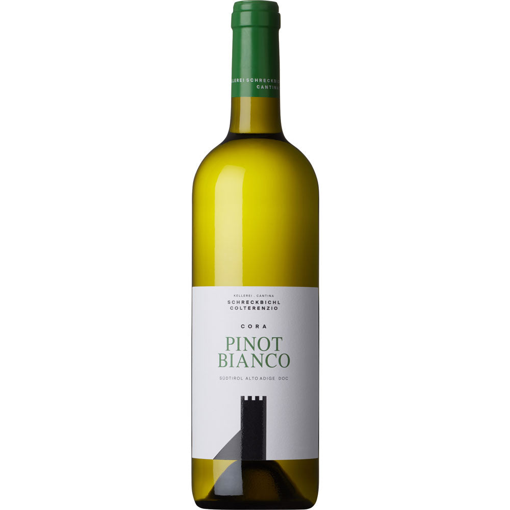 Eine Flasche Schreckbichl Colterenzio Cora Pinot Bianco Alto Adige DOC 2024 mit grünem Verschluss und weißem Etikett.