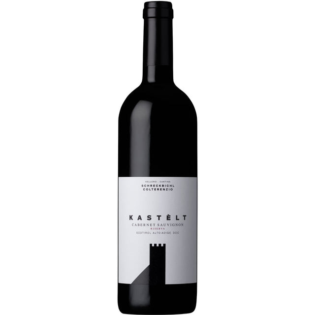 Eine Flasche Schreckbichl Colterenzio Kastèlt Cabernet Sauvignon Riserva DOC 2022 mit einem minimalistischen schwarz-weißen Etikett.