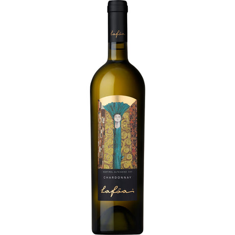 Eine Flasche Schreckbichl Colterenzio Lafóa Chardonnay Alto Adige DOC 2023 mit einem kunstvollen Etikett, das eine stilisierte Figur zeigt.