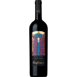Eine Flasche Schreckbichl Colterenzio Lafóa Pinot Nero Riserva DOC 2021 mit einem farbenfrohen, künstlerischen Etikett mit einer stilisierten Figur.