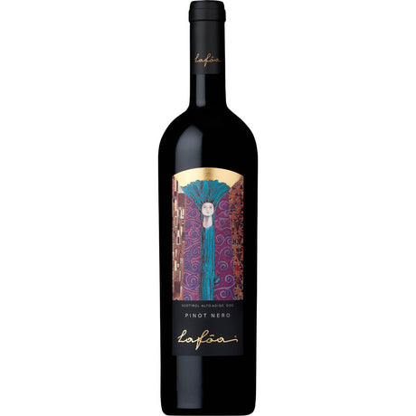 Eine Flasche Schreckbichl Colterenzio Lafóa Pinot Nero Riserva DOC 2021 mit einem farbenfrohen, künstlerischen Etikett mit einer stilisierten Figur.