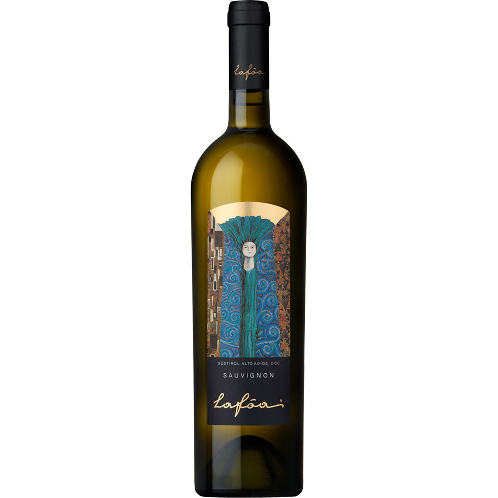 Eine Flasche Schreckbichl Colterenzio Lafóa Sauvignon Blanc DOC 2023 aus Südtirol mit einem kunstvoll gestalteten blau-goldenen Etikett.