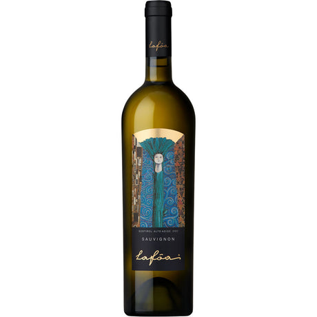 Eine Flasche Schreckbichl Colterenzio Lafóa Sauvignon Blanc DOC 2023 aus Südtirol mit einem kunstvoll gestalteten blau-goldenen Etikett.
