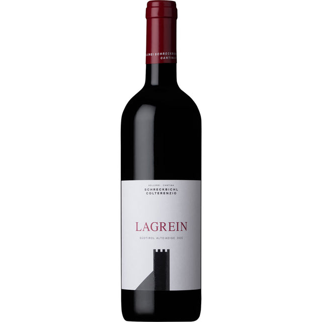 Eine Flasche Schreckbichl Colterenzio Lagrein Alto Adige DOC 2024 mit weißem Etikett und weinrotem Verschluss.
