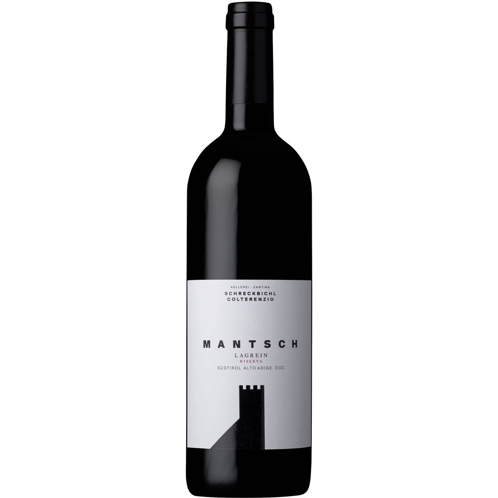 Eine Flasche Schreckbichl Colterenzio Mantsch Lagrein Riserva Alto Adige DOC 2022, ein raffinierter Südtiroler Rotwein mit einem minimalistischen schwarz-weißen Etikett von Schreckbichl Colterenzio.