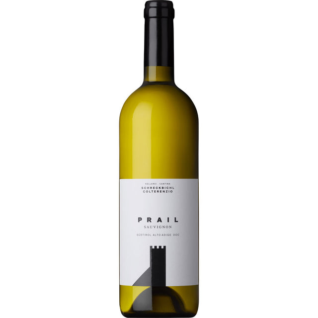 Eine Flasche Schreckbichl Colterenzio Prail Sauvignon Alto Adige DOC 2024 mit einem minimalistischen weiß-schwarzen Etikett steht elegant vor einem schlichten Hintergrund.