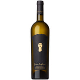 Eine Flasche Weißwein mit schwarzem Etikett, auf dem ein stilisiertes Gesicht und die goldene Aufschrift „Schreckbichl Colterenzio Gran Lafóa Sauvignon Riserva DOC 2022“ zu sehen sind – ein eleganter Südtiroler Sauvignon Blanc von Schreckbichl Colterenzio.