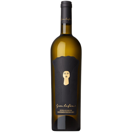 Eine Flasche Weißwein mit schwarzem Etikett, auf dem ein stilisiertes Gesicht und die goldene Aufschrift „Schreckbichl Colterenzio Gran Lafóa Sauvignon Riserva DOC 2022“ zu sehen sind – ein eleganter Südtiroler Sauvignon Blanc von Schreckbichl Colterenzio.