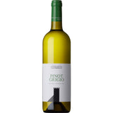 Eine Flasche Schreckbichl Colterenzio Pinot Grigio Alto Adige DOC 2024 mit grünem Verschluss und weißem Etikett mit schwarzem Turm-Motiv.
