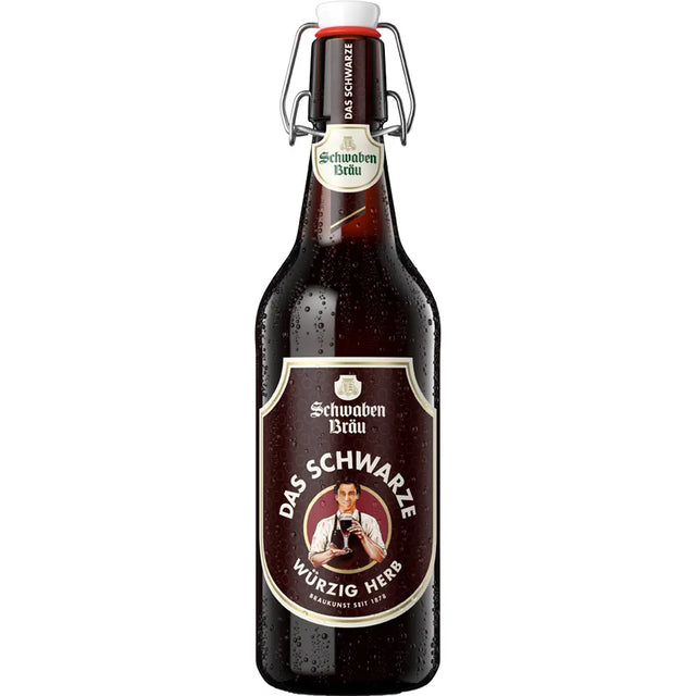 Eine 0,5L-Braunglasflasche von Schwaben Bräu Das Schwarze Bügel, ein klassisches Stuttgarter Schwarzbier mit Keramik-Bügelverschluss, erhältlich im 20er-Pack (MEHRWEG) und stellvertretend für die feinste Schwarzbierspezialität von Schwaben Bräu.