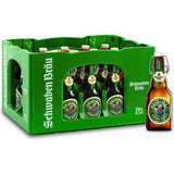 Ein grüner Kasten mit Schwaben Bräu Original Bügel 20x 0,33 Liter (MEHRWEG) Bierflaschen mit einer Flasche vorne, Etikett nach vorne.