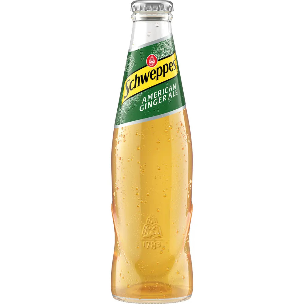 Eine 0,2-Liter-Glasflasche Schweppes American Ginger Ale aus dem 24er-Pack (MEHRWEG) mit grünem und gelbem Etikett ist auf weißem Hintergrund abgebildet und hebt den erfrischenden Ingwergeschmack hervor.
