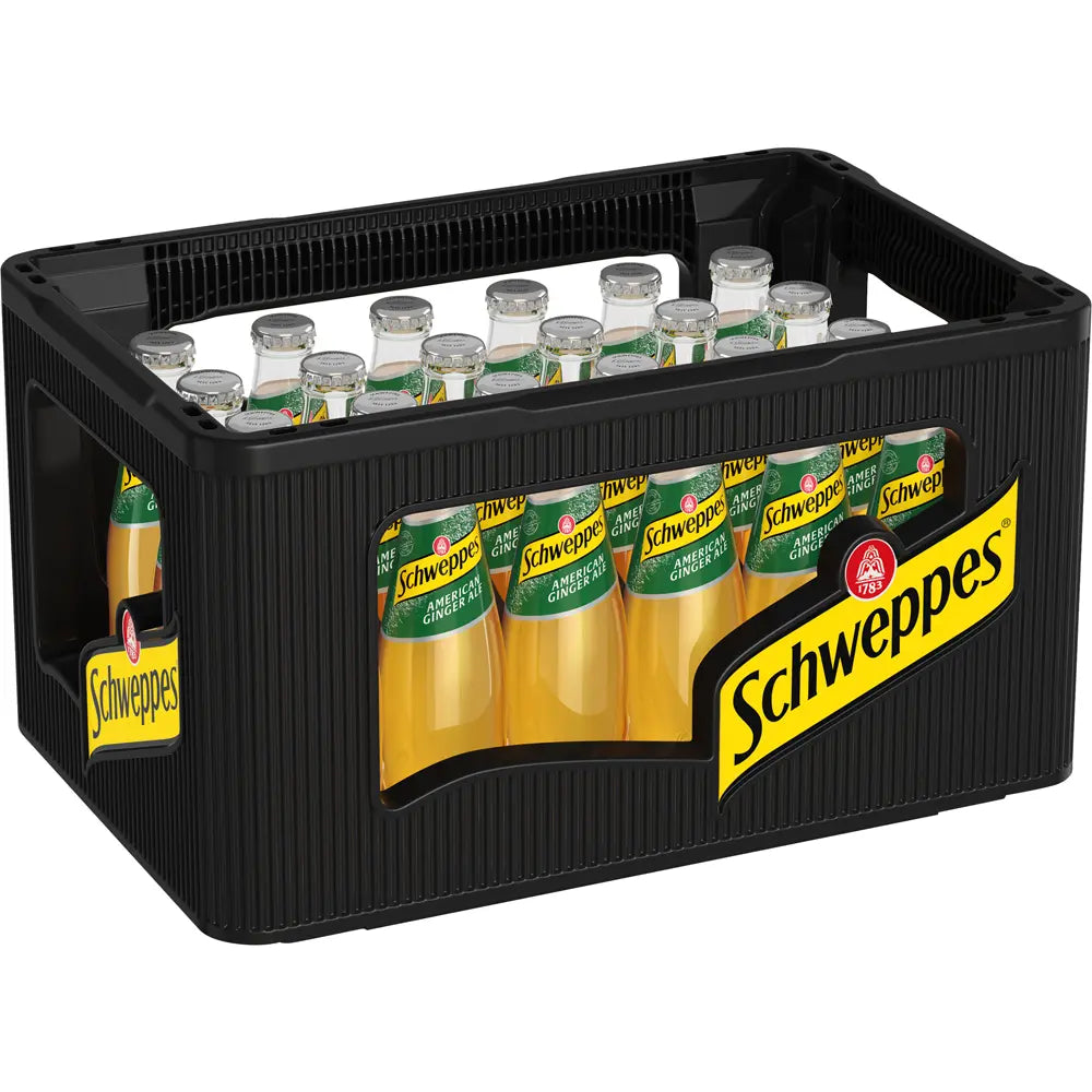 Eine schwarze Kiste mit 24 Glasflaschen (je 0,2 l) Schweppes American Ginger Ale (Mehrweg) mit erfrischendem Ingwer-Aroma.