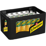 Eine schwarze Kiste mit 24 Glasflaschen (je 0,2 l) Schweppes American Ginger Ale (Mehrweg) mit erfrischendem Ingwer-Aroma.