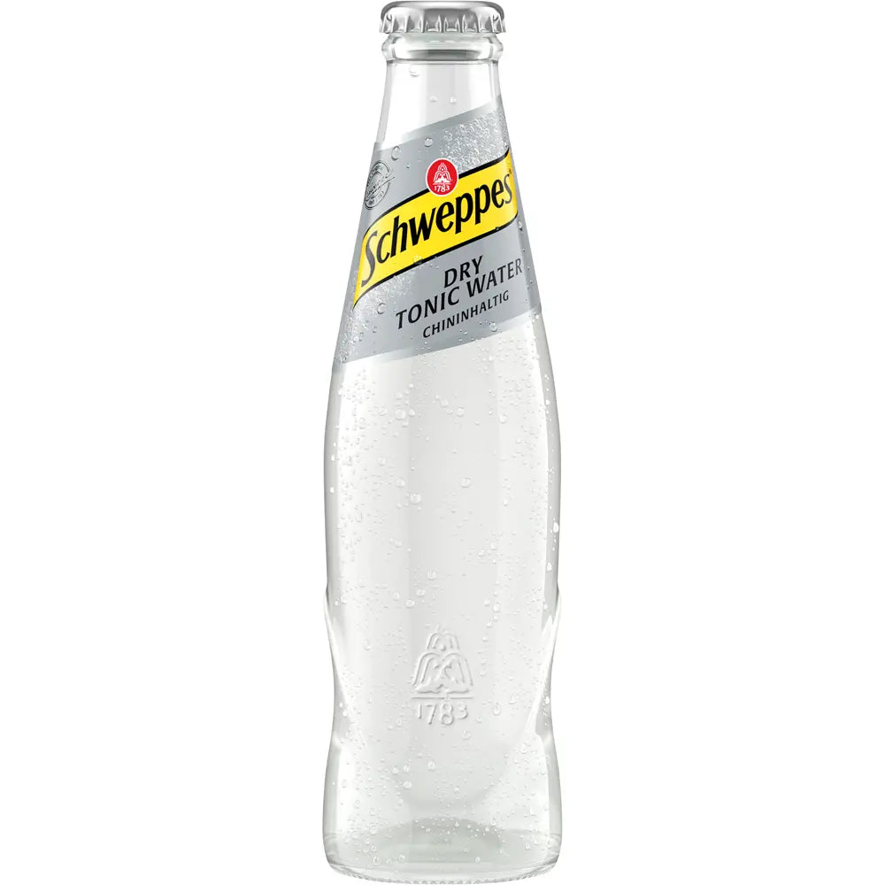 Schweppes Dry Tonic Water 24x 0,2L (MEHRWEG) wird in klaren Glasflaschen mit gelb-silbernem Etikett geliefert - ideal für Ihren nächsten Gin Tonic, dank seiner ausgewogenen Chininmischung.
