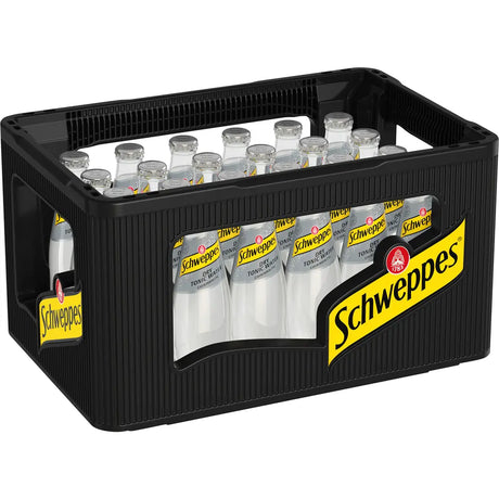 Eine schwarze Kiste mit 24 wiederverwendbaren 0,2-Liter-Flaschen Schweppes Dry Tonic Water, ideal für einen klassischen Gin Tonic und den scharfen Geschmack von Chinin.