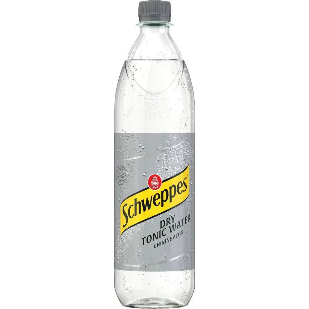 Schweppes Dry Tonic Water PET 6x 1 Liter (MEHRWEG): Klare PET-Flasche mit silbernem Etikett und gelbem Schweppes-Logo-ideal als Mixer für Gin Tonic, bietet den typischen bitteren Geschmack der Marke Schweppes.