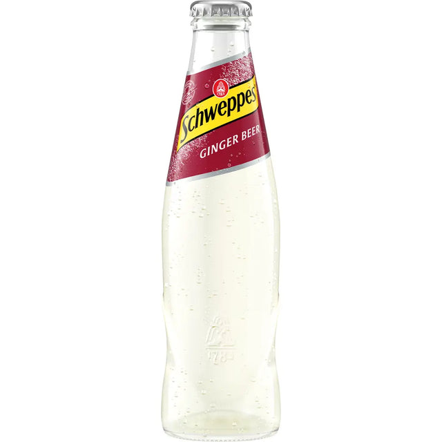 Eine recycelbare 0,2-Liter-Flasche Schweppes Ginger Beer aus einem 24er-Pack, ideal zum Mixen klassischer Cocktails wie dem Moscow Mule.