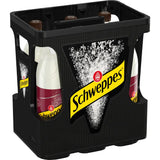 Eine schwarze Kiste enthält sechs 1-Liter-PET-Flaschen Schweppes Ginger Beer - ideal zum Mischen in Cocktails wie Moscow Mule oder zum puren Genuss des charakteristischen Ingwergeschmacks.