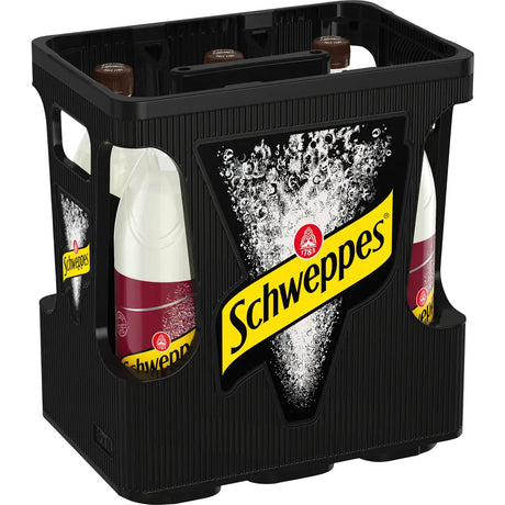 Eine schwarze Kiste enthält sechs 1-Liter-PET-Flaschen Schweppes Ginger Beer - ideal zum Mischen in Cocktails wie Moscow Mule oder zum puren Genuss des charakteristischen Ingwergeschmacks.