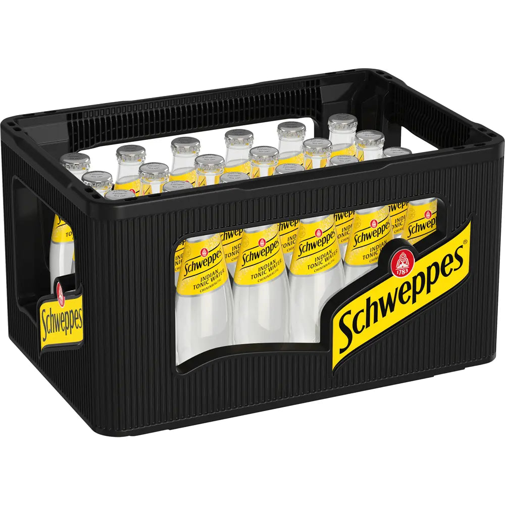 Eine Kiste Schweppes Indian Tonic Water 24x 0,2L (Mehrweg)-klassisches Tonic von Schweppes, ideal zum Mischen Ihres Lieblings-Gin Tonic.