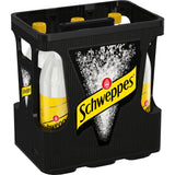 Eine schwarze Kiste mit sechs 1-Liter-Flaschen Schweppes Indian Tonic Water (MEHRWEG) - ideal für einen erfrischenden Gin und Tonic.