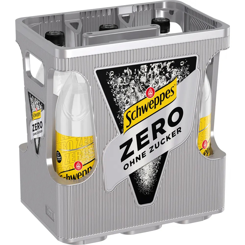 Schweppes Indian Tonic Water Zero 6x1L (MEHRWEG) - das zuckerfreie Tonic Water von Schweppes in der praktischen silbernen Kunststoffbox, ideal für Gin Tonic Liebhaber.