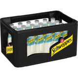 Eine schwarze Kiste enthält 24 Glasflaschen (je 0,2 l) von Schweppes Original Bitter Lemon (Mehrweg), einer erfrischenden Limonade mit einzigartigem Chinin-Geschmack.