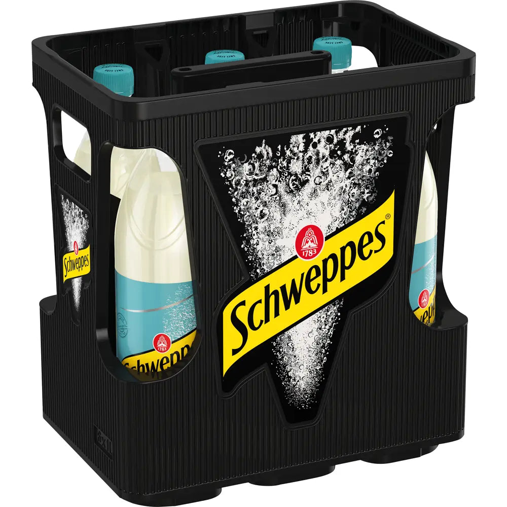 Die schwarze Kiste Schweppes Original Bitter Lemon PET 6x1L (MEHRWEG) mit dem gelben Schweppes-Logo und der Blasengrafik ist ideal für den Genuss dieses klassischen Erfrischungsgetränks.