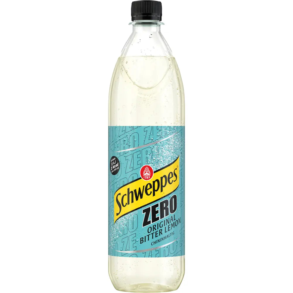 Eine Flasche Schweppes Original Bitter Lemon Zero PET 6x1L (MEHRWEG) - die zuckerfreie Bitterlimonade von Schweppes mit blauem Etikett und schwarzem Deckel, das ideale Erfrischungsgetränk.