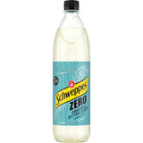 Eine Flasche Schweppes Original Bitter Lemon Zero PET 6x1L (MEHRWEG) - die zuckerfreie Bitterlimonade von Schweppes mit blauem Etikett und schwarzem Deckel, das ideale Erfrischungsgetränk.