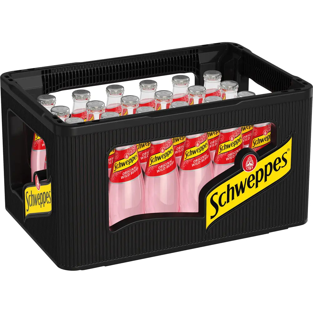 Eine schwarze Kiste Schweppes Original Wild Berry 24x0,2L (MEHRWEG) mit rosa Flüssigkeit in Glasflaschen und gelben Etiketten - erfrischend und fruchtig von Schweppes.
