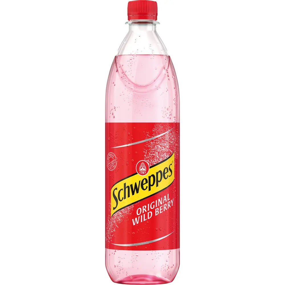 Eine 1-Liter-Flasche Schweppes Original Wild Berry PET (Mehrweg), ideal zum Mixen von erfrischenden Wild Berry Limonade-Cocktails.