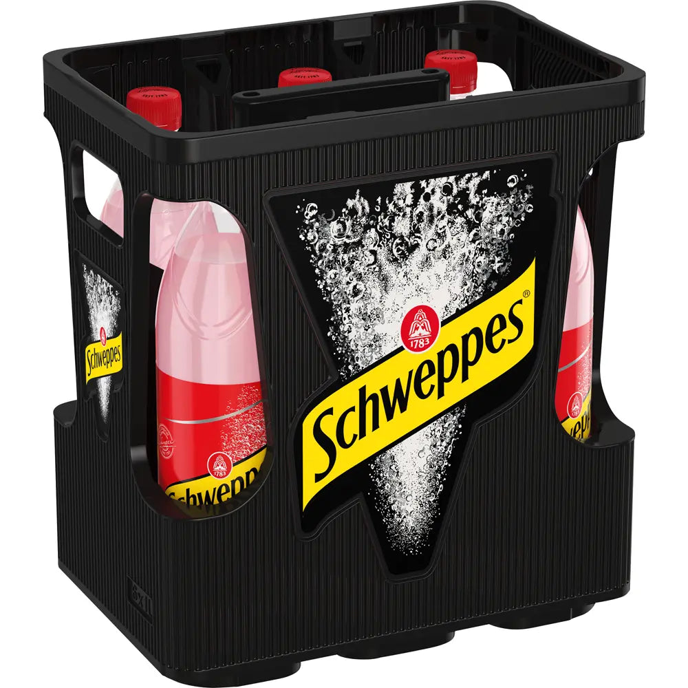 Schwarze Kiste mit Schweppes-Logo, die mehrere Flaschen Schweppes Original Wild Berry PET 6x1L (MEHRWEG) enthält; Etiketten und Blasen sind sichtbar.