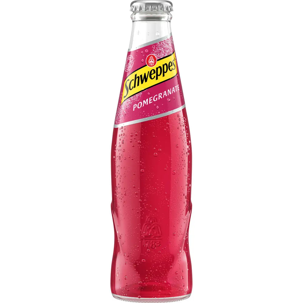 Die Glasflasche Schweppes Pomegranate 0,2L (MEHRWEG) mit rosafarbenem Etikett präsentiert erfrischende orientalische Aromen - ideal, um einzigartige Geschmackserlebnisse zu genießen. Erhältlich als 24er-Pack von Schweppes.