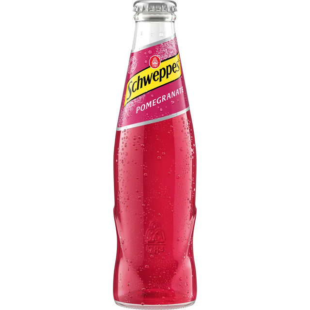 Die Glasflasche Schweppes Pomegranate 0,2L (MEHRWEG) mit rosafarbenem Etikett präsentiert erfrischende orientalische Aromen - ideal, um einzigartige Geschmackserlebnisse zu genießen. Erhältlich als 24er-Pack von Schweppes.