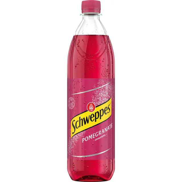 Eine 1-Liter-Flasche Schweppes Pomegranate PET (MEHRWEG) von Schweppes - ideal für kreative Cocktail-Kreationen mit seinem leuchtend roten Look.