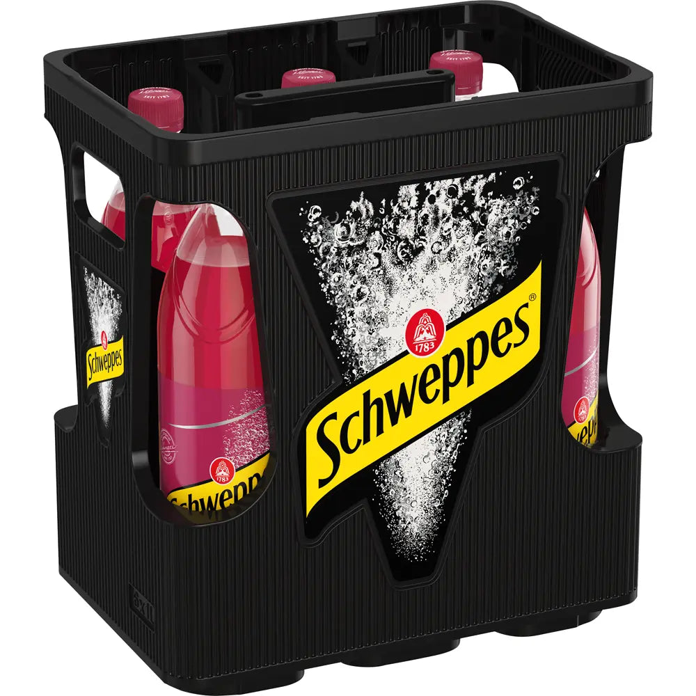 Eine schwarze Kiste Schweppes Pomegranate PET 6x1L (MEHRWEG)-ideal als Granatapfel-Füller oder in Cocktail-Kreationen.